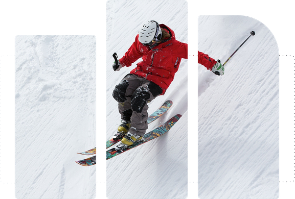 A skier in a red jacket carving at speed down a snow slope, illustrating the high-bitrate sports footage delivered over the video CDN