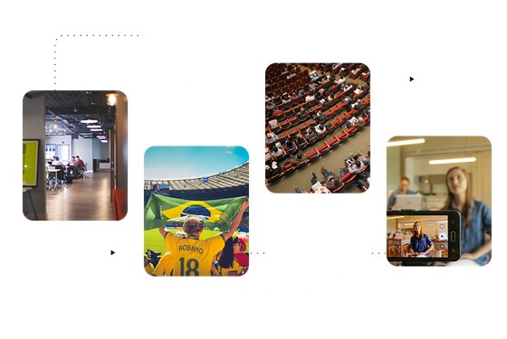 Live processing diagram: an office meeting, fans in a stadium stand, a lecture theatre and a phone filming an interview, linked by dotted lines with play buttons into a single processing chain